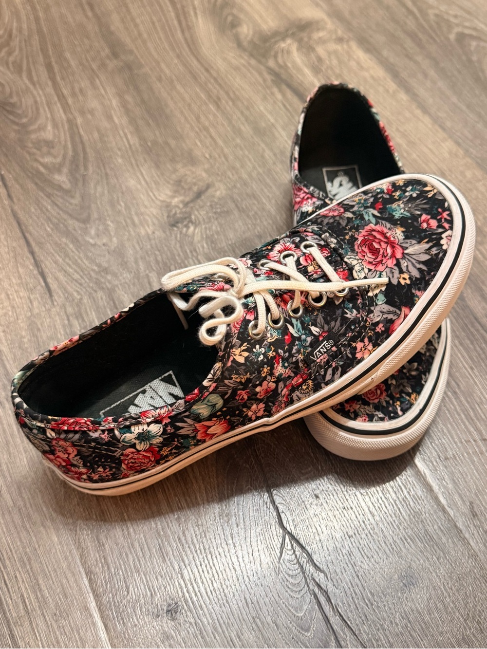 Vans Black Floral Canvas Authentic Sneakers - Cream Laces - Picture 2 of 6